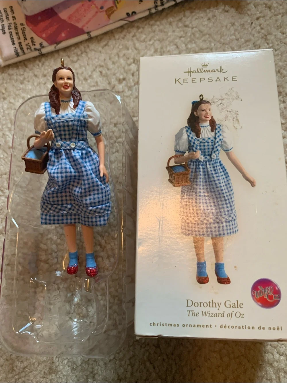 Hallmark Dorothy Gale Ornament in Blue Gingham with Red Shoes and Brown Basket